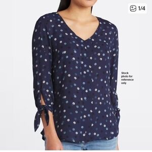 Chic Navy Polka Dot Blouse with Tie Sleeves